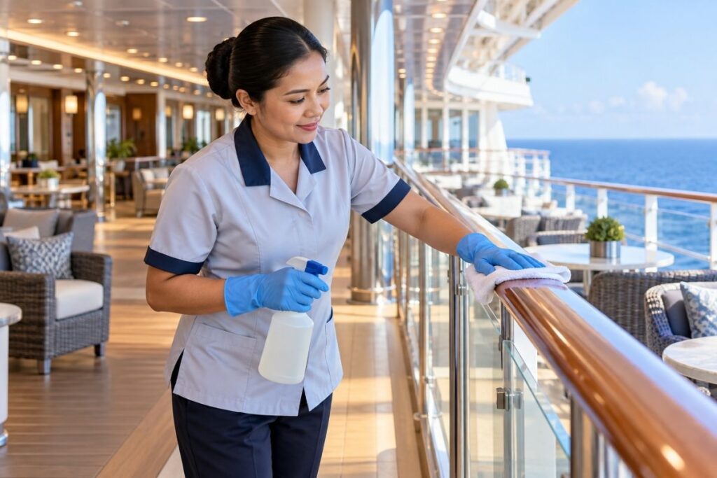 Cruise ship crew member wearing gloves cleans and disinfects a handrail on an outdoor passenger deck.