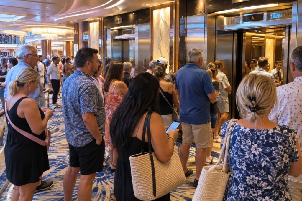 Cruise passengers crowd around elevators in a busy onboard lobby while waiting to move between decks.
