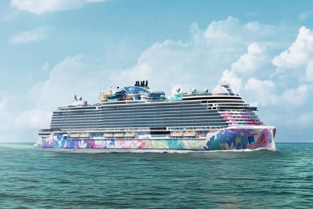 Side-view rendering of Norwegian Bella sailing at sea, showcasing the colorful floral-inspired hull artwork designed by Australian artist George Rose.