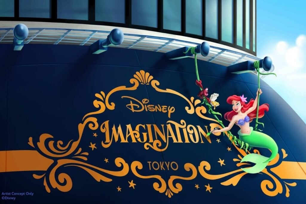 Artist's rendering of Disney Imagination cruise ship's stern featuring Ariel and Sebastian from The Little Mermaid, alongside the ship's name in gold lettering.