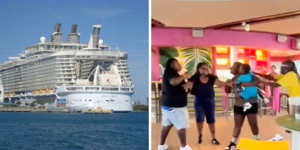 Split image showing Royal Caribbean's Oasis of the Seas cruise ship on the left and a physical altercation onboard on the right, with a woman holding a small child as several adults confront one another.