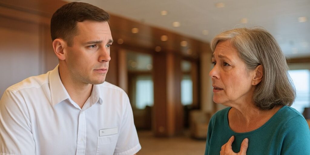 A concerned older woman in a teal top speaks seriously with a cruise staff member in a white uniform. The staffer listens attentively, both wearing serious expressions in a warmly lit interior space, suggesting a sensitive conversation.