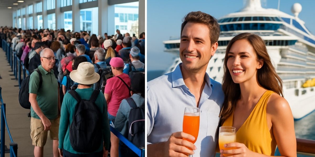 The image shows a stark contrast between two sides of the cruising experience. On the left, a large crowd of people wait in a long queue at what appears to be a cruise terminal, conveying the less glamorous side of travel—long waits and crowded spaces. On the right, a couple smiles while holding drinks, with a cruise ship in the background, symbolising the relaxation and luxury typically associated with being on a cruise.