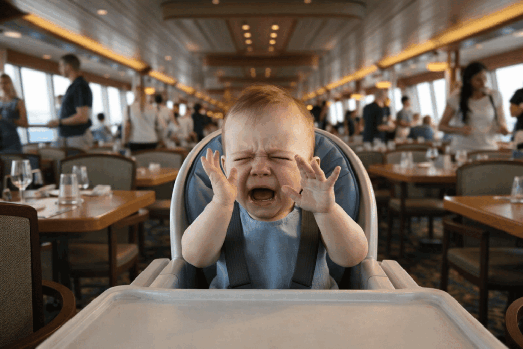 A baby cries loudly while seated in a high chair in a bustling cruise ship dining area, surrounded by adults dining and conversing, with a warm, well-lit interior setting featuring wooden tables and panoramic windows.