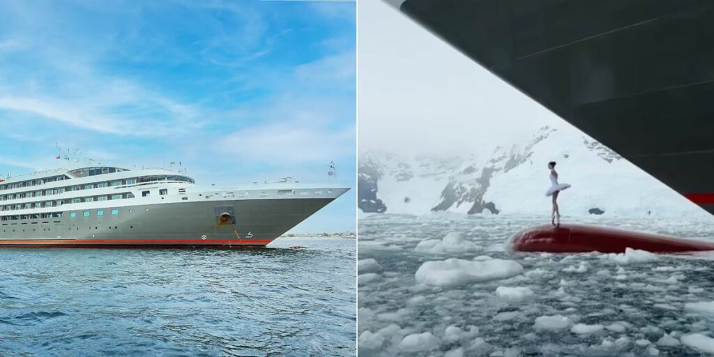 A photo of a ballerina dancing on the bow of a cruise ship in antartica.