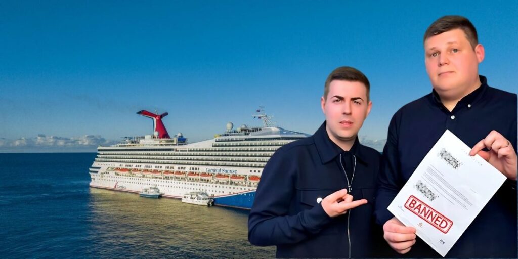 Two men stand in front of a Carnival cruise ship labeled "Carnival Sunrise"; one points at the other, who holds a paper stamped with the word “BANNED” in bold red letters. The ocean and clear sky provide a scenic background, contrasting with the serious expression and implication of being barred from the cruise line.