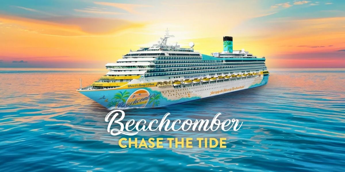 Margaritaville at Sea’s new Beachcomber cruise ship sailing on calm blue water at sunset, featuring colorful tropical artwork on the hull and the slogan “Beachcomber – Chase the Tide.”