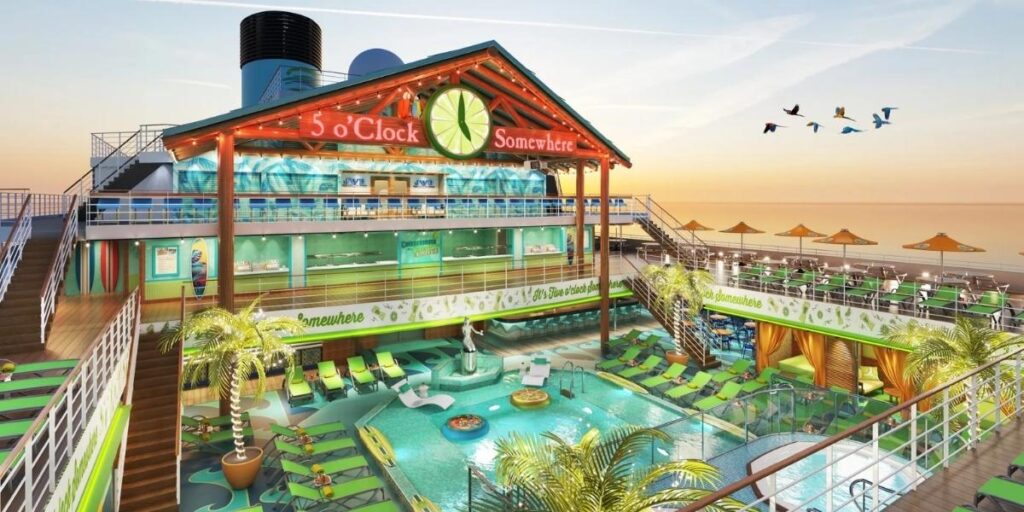 The 5 O’Clock Somewhere bar and pool area aboard the Margaritaville at Sea Beachcomber cruise ship, featuring tropical décor, lime-green loungers, and ocean views at sunset.