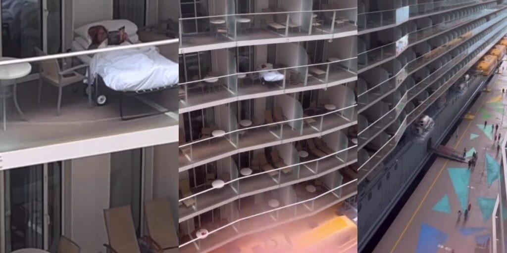 A cruise ship balcony scene showing a guest lying on a rollaway bed with a white comforter and book, viewed from neighboring decks. The wider shots reveal several rows of balconies on the ship and dockside below, highlighting how visible the setup is from nearby cabins.