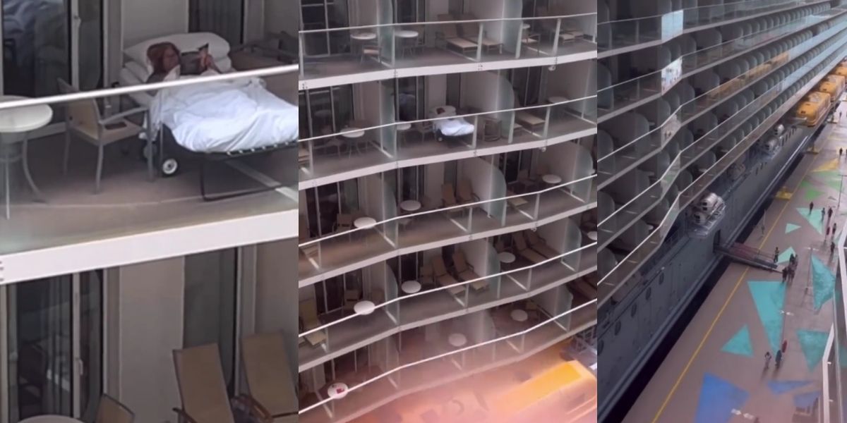 A cruise ship balcony scene showing a guest lying on a rollaway bed with a white comforter and book, viewed from neighboring decks. The wider shots reveal several rows of balconies on the ship and dockside below, highlighting how visible the setup is from nearby cabins.