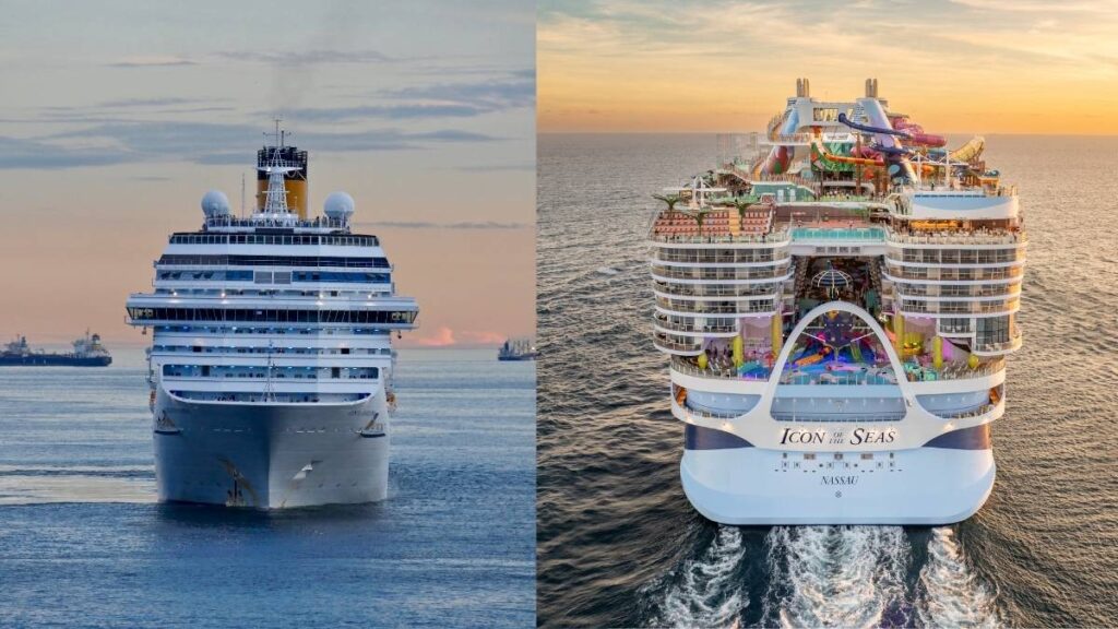 This image compares two cruise ships side by side, highlighting the stark difference in design and scale. On the left, a traditional cruise ship has a simple, stacked structure with rows of balconies, a classic white hull, and minimal exterior features. On the right, Royal Caribbean's Icon of the Seas is shown from the back, displaying its enormous size, multiple decks, colorful water slides, lush green areas, and an open-air entertainment zone, emphasizing its status as the largest and most extravagant cruise ship to date.