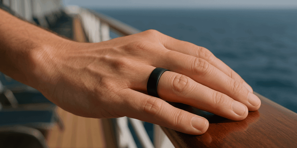 Close-up of a hand wearing a black ring, gently resting on a polished wooden cruise ship railing. The ocean and rows of deck chairs are softly blurred in the background, evoking a calm and reflective moment at sea.