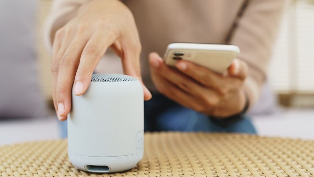 A person holding a Bluetooth speaker and a mobile phone.