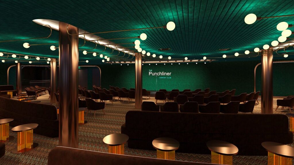 The Punchliner Comedy Club on Mardi Gras, featuring a chic, dimly lit interior with emerald green walls, modern spherical lights, and plush brown seating, ready for an evening of entertainment.