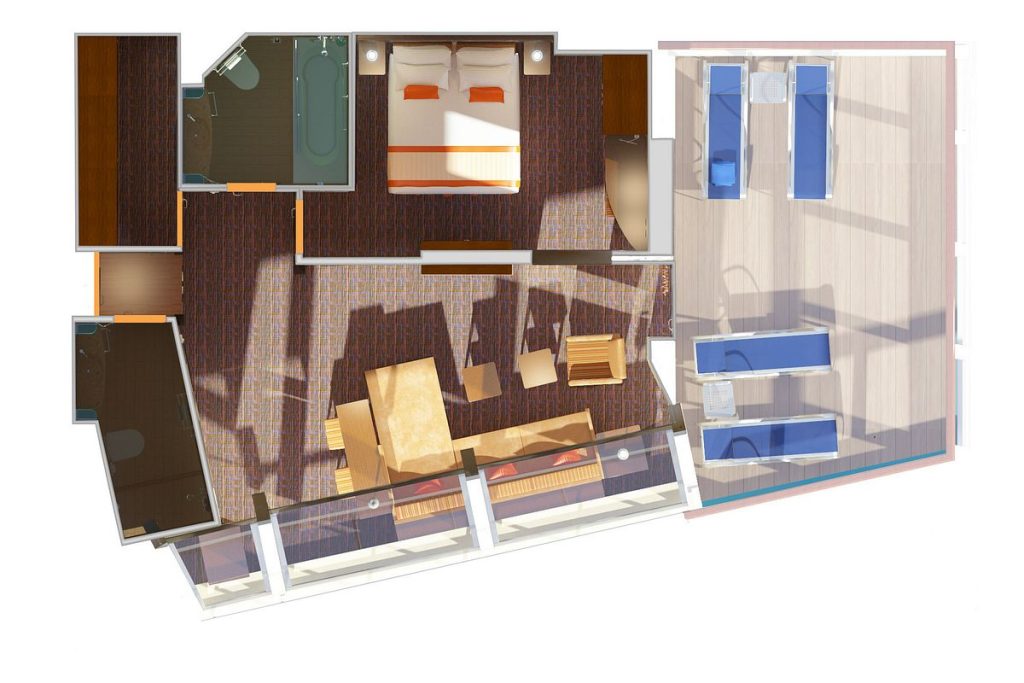 Top-down layout view of the Captain's Suite on Carnival Radiance showing the arrangement of the bedroom, living area, bathroom, and balcony with loungers and ocean views