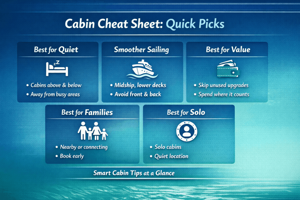 Cabin cheat sheet for choosing a cruise stateroom: quiet, motion, value, families, solo