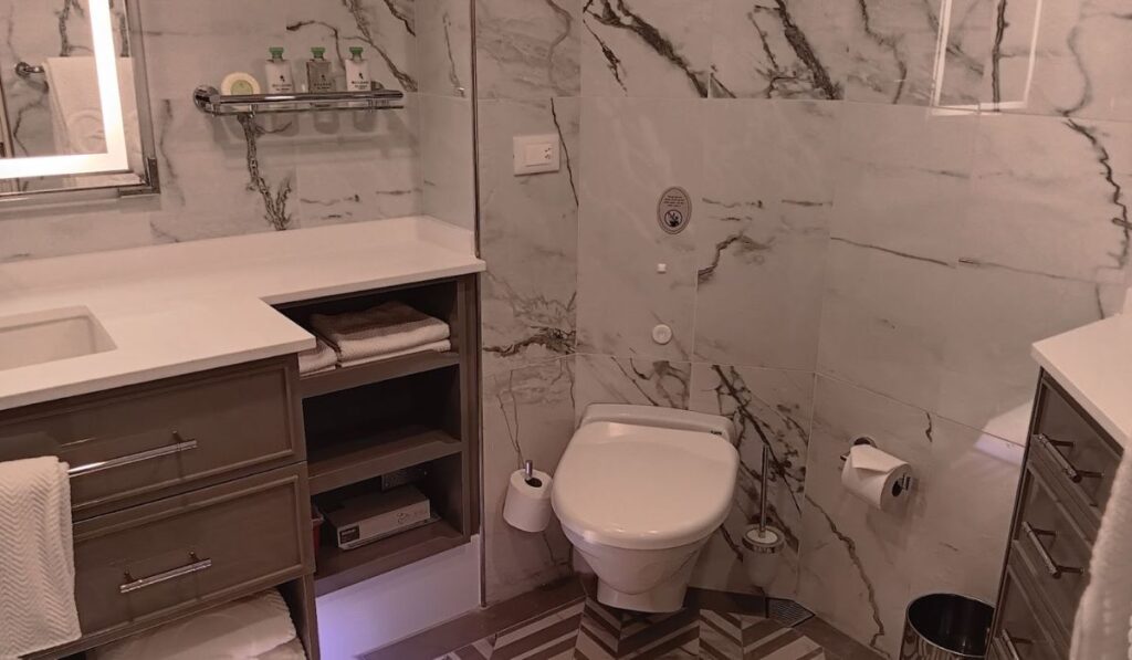 This image shows a sleek and modern bathroom in a cabin on the Oceania Mariner cruise ship. The bathroom features marble-patterned walls, a compact toilet, and a vanity area with plenty of storage space for towels and amenities. The countertop has a clean design with a built-in sink, and there are shelves with toiletries and neatly folded towels. The space feels bright and elegant, providing a touch of luxury onboard.