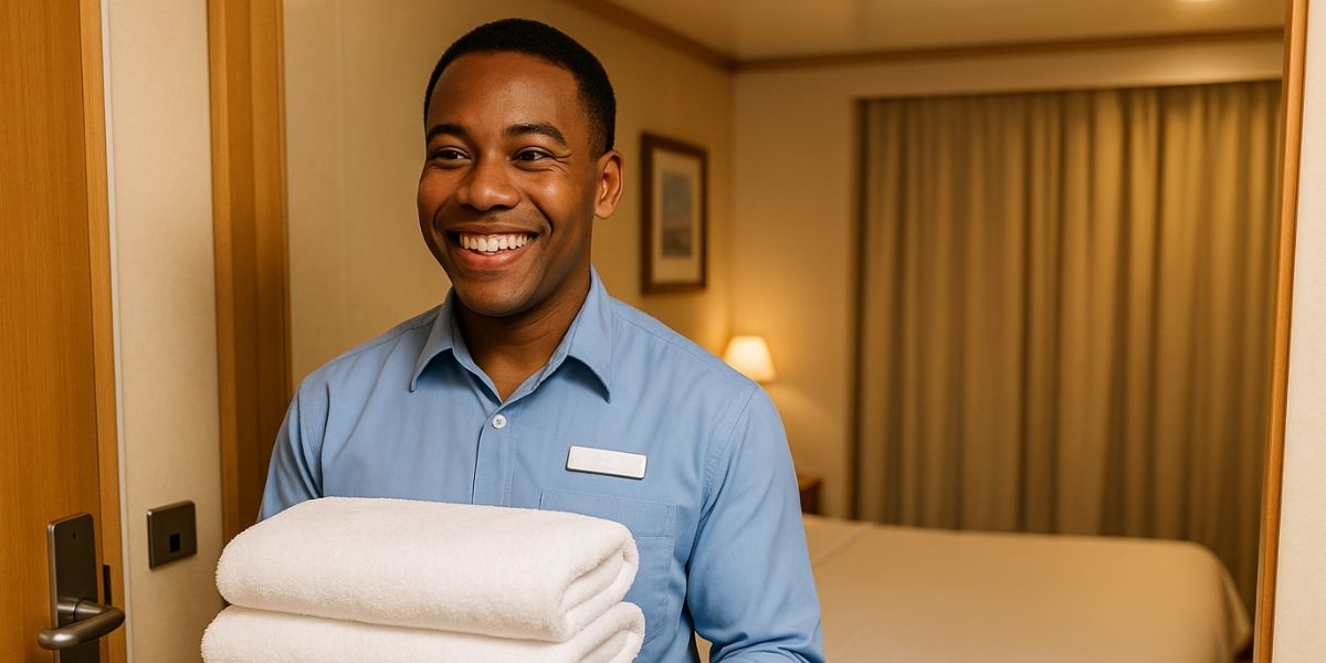 Smiling cruise cabin steward in a light blue uniform holds freshly folded white towels while standing at the entrance of a neatly prepared stateroom. The warm, well-lit room and professional service reflect the attentive hospitality of a cruise cabin steward.