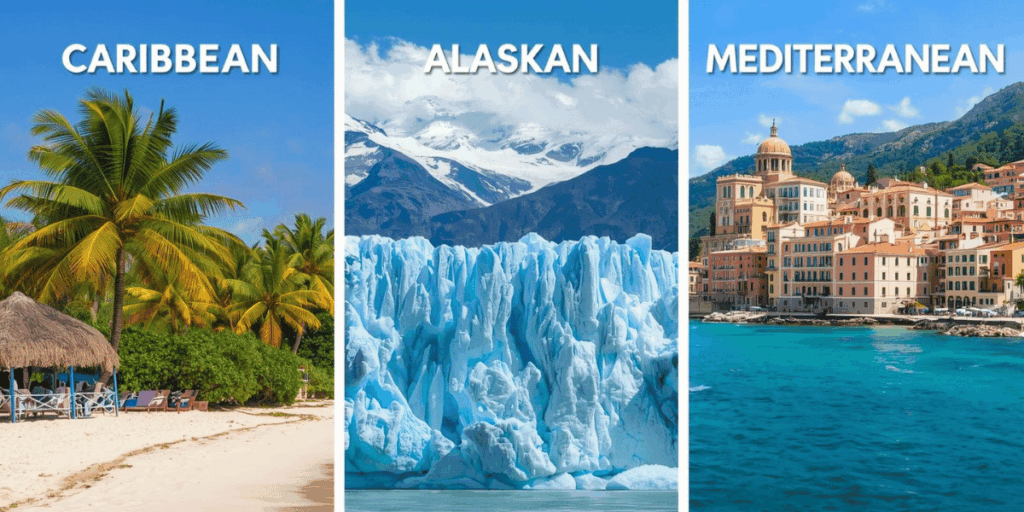 Split image showing a Caribbean beach with palm trees, an Alaskan glacier with mountains, and a Mediterranean coastal town with colorful buildings.