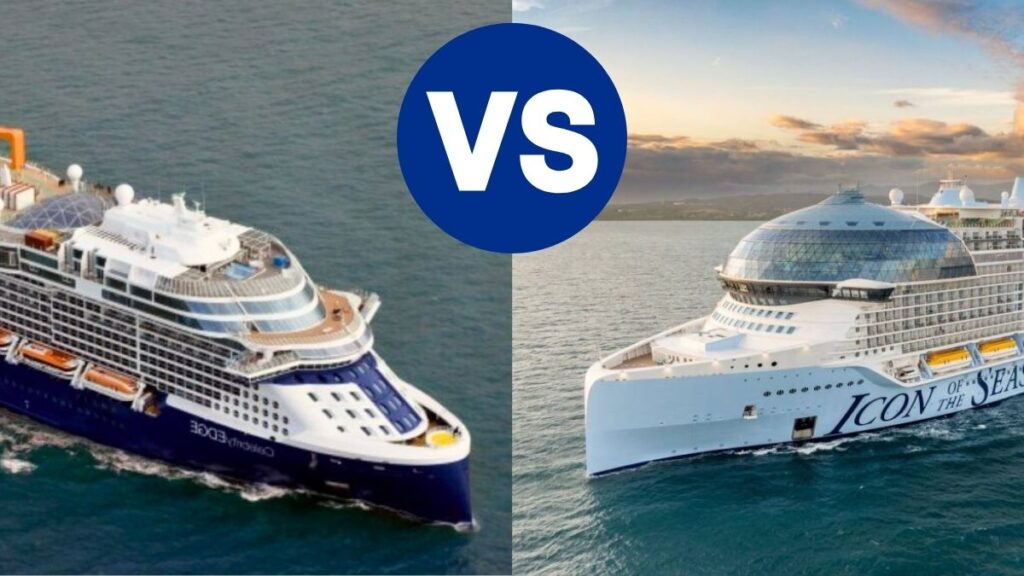 this is a photo of 2 ships a Celebrity ship vs a Royal Caribbean ship