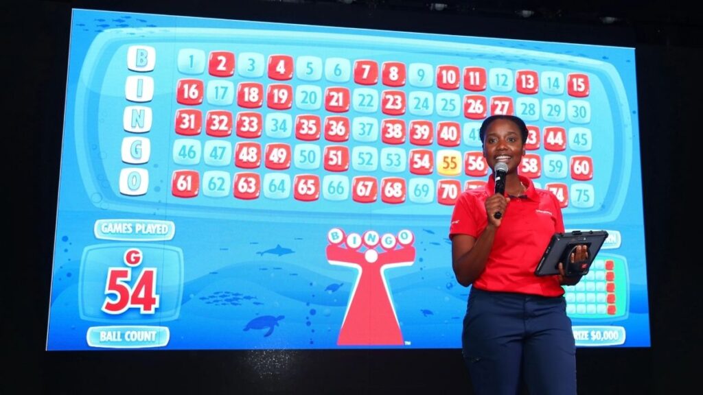 A photo of a bingo caller on a Carnival cruise ship, standing in front of a large screen with numbers selected for bingo.