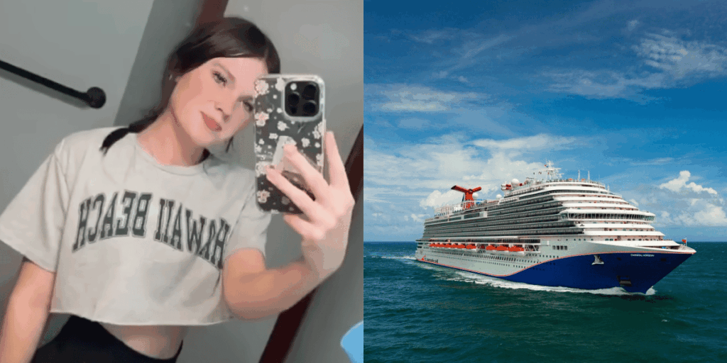 A mirror selfie of a teenage girl paired with a separate image of a Carnival cruise ship at sea, used in coverage of an investigation into a passenger’s death.