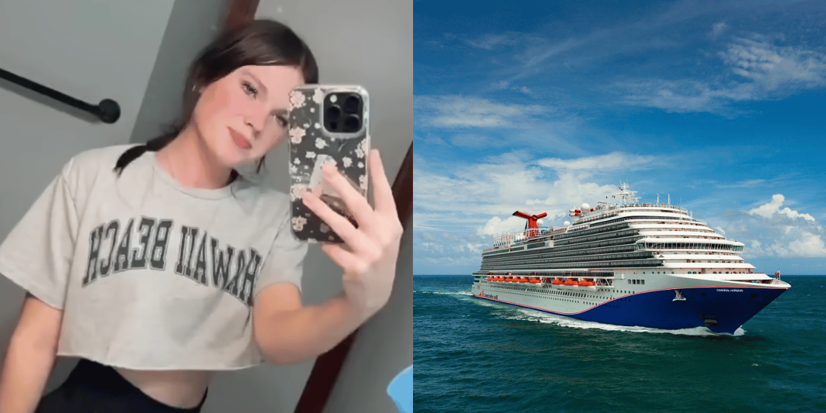 A mirror selfie of a teenage girl paired with a separate image of a Carnival cruise ship at sea, used in coverage of an investigation into a passenger’s death.