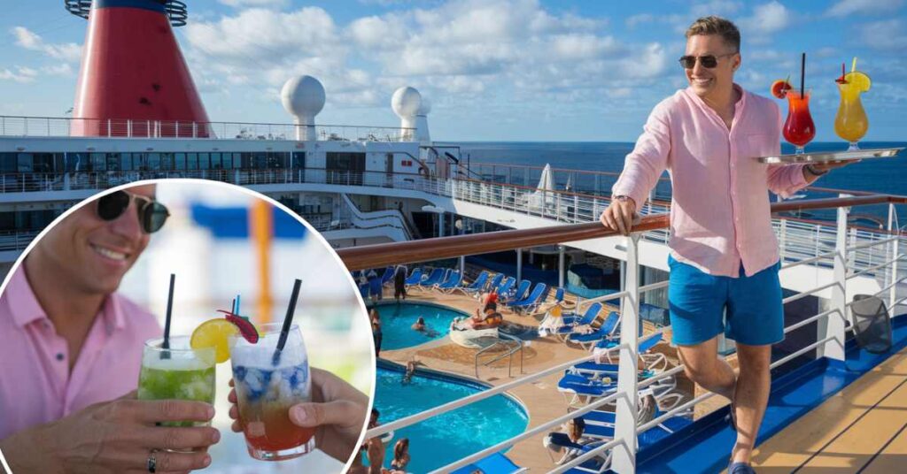 A man on a Carnival cruise ship, holding cocktails.