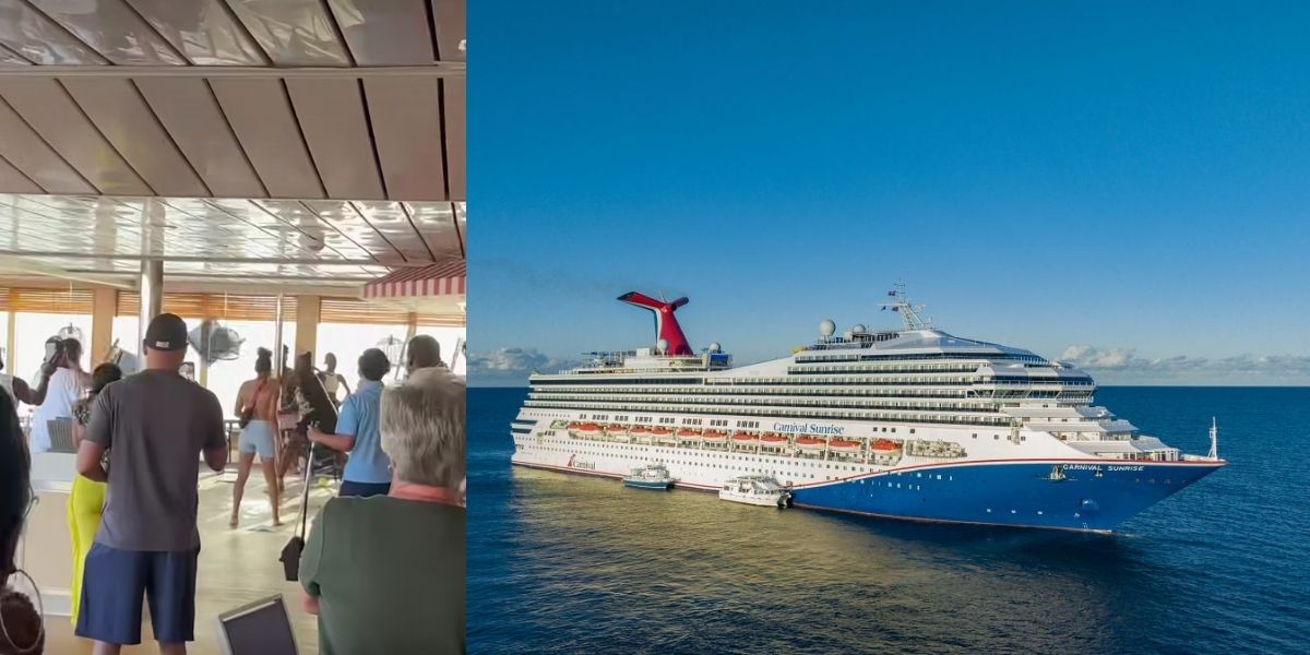 Split image showing a physical altercation in an indoor dining or lounge area on a cruise ship, with several passengers involved, alongside a clear view of the Carnival Sunrise cruise ship sailing on calm blue waters under a sunny sky. The image contrasts onboard conflict with the ship’s otherwise peaceful exterior.