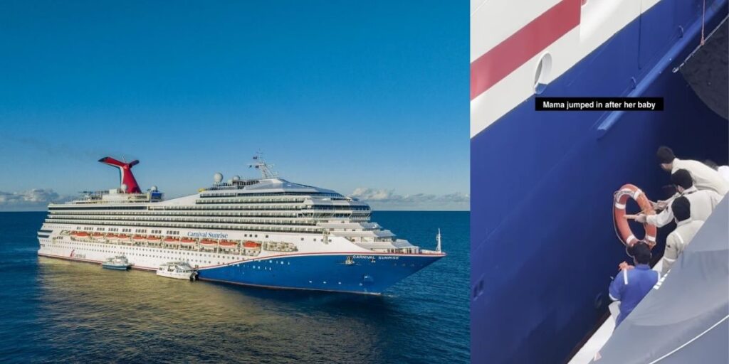 Split image showing Carnival Sunrise at sea on the left, and crew members throwing a life ring down the ship’s side during a rescue at the pier on the right.