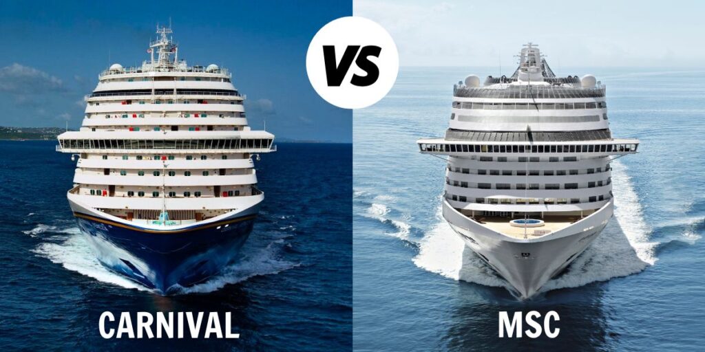 Comparative image featuring two cruise ships: 'Carnival' on the left with a blue and white hull cutting through the ocean, and 'MSC' on the right with a white hull and distinctive blue MSC logo, both sailing under a clear sky.