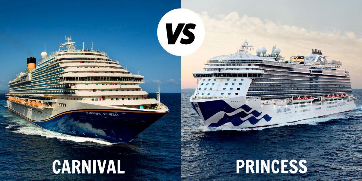 The image is a comparison visual between two cruise ships, highlighting the differences between Carnival Cruise and Princess Cruises. On the left, the 'Carnival Venezia' is displayed, showcasing the signature blue and white livery with the yellow funnel, indicative of the Carnival brand's lively and family-oriented appeal. On the right, the 'Royal Princess' of Princess Cruises is depicted with its more subdued color palette and sophisticated design, reflecting a premium cruising experience often associated with this brand. The split image serves as an illustrative contrast between the two companies' offerings in the cruise industry.