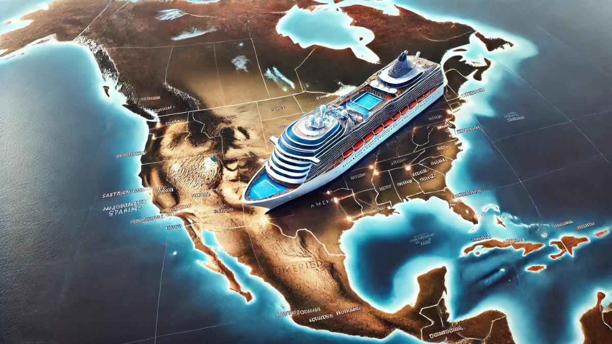 This image shows a large cruise ship overlaid on a stylized map of North America. The ship appears to be cruising across the landmass, suggesting a symbolic or promotional representation, possibly hinting at expansive travel destinations or a major cruise line covering North American routes.