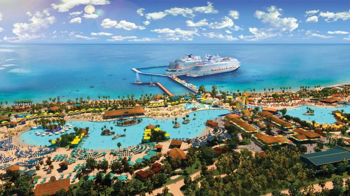 Celebration Key Aerial View with Carnival cruise ships docked in the sea