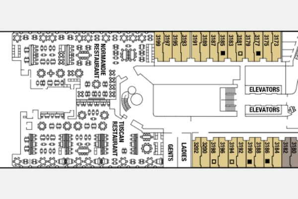 A deck plan showing rooms adjacent to Specialty restaurants.