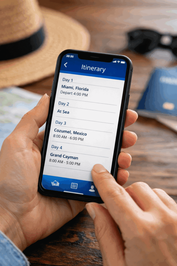 Hands holding a smartphone showing a cruise itinerary in a travel app (Miami departure, sea day, Cozumel, and Grand Cayman), with a straw hat and sunglasses on the table in the background.