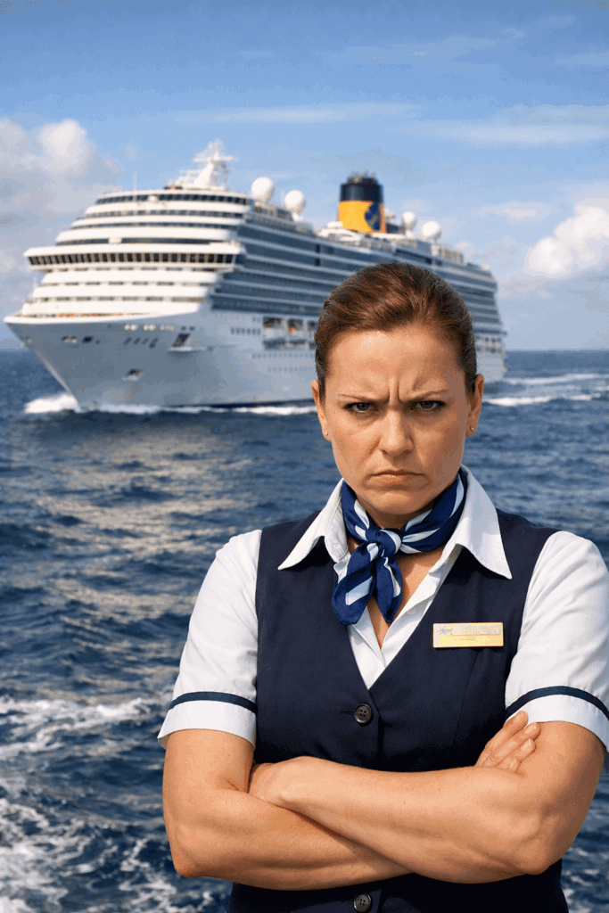 Stern-looking cruise staff member with arms crossed in the foreground, with a large cruise ship sailing on the ocean in the background.