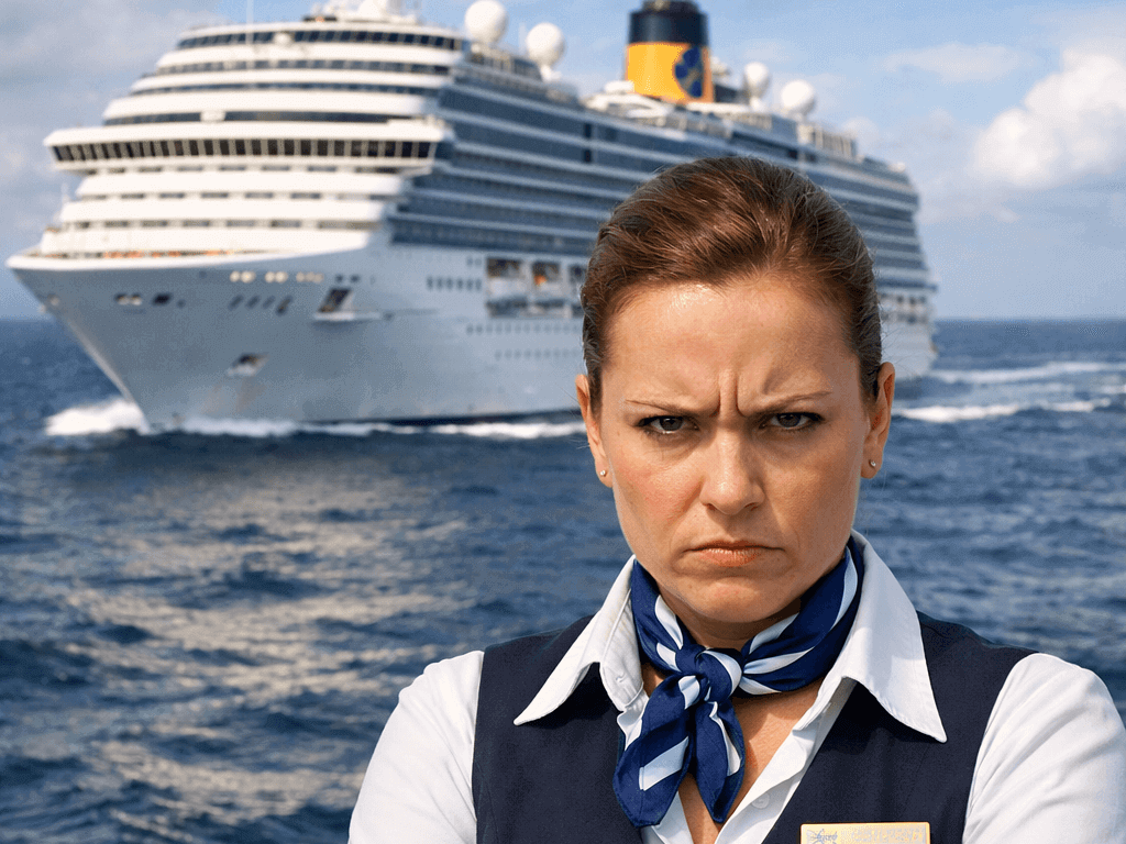 Stern-looking cruise staff member with arms crossed in the foreground, with a large cruise ship sailing on the ocean in the background.