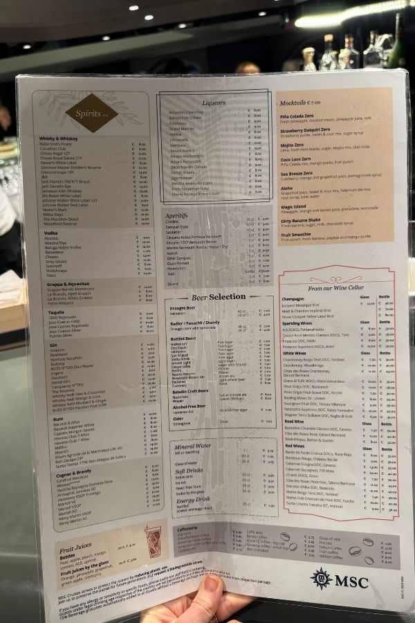 Cocktails and more menu taken by a passenger onboard