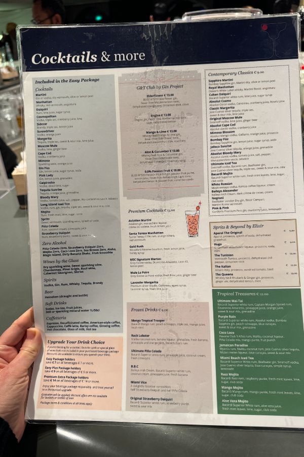 Cocktails and more menu taken by a passenger onboard
