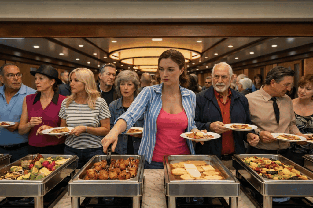 A diverse group of passengers queuing at a cruise ship buffet, each holding a plate filled with various dishes. The buffet features an array of foods displayed in stainless steel containers, with a focus on a young woman at the front of the line, looking slightly annoyed, adding a hint of tension to the otherwise bustling scene.