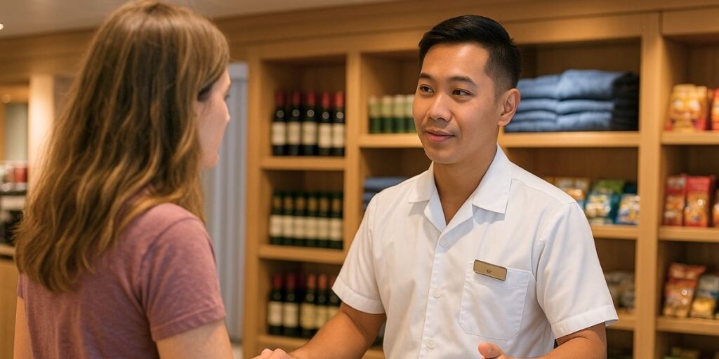 A cruise crew member in a white uniform shirt helps a female guest inside a small onboard shop stocked with wine bottles, snacks, and folded blue towels. The crew member appears attentive and friendly during the interaction.