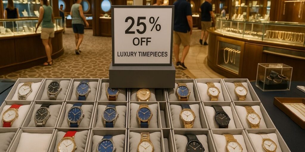 Display of luxury watches with a sign reading "25% OFF LUXURY TIMEPIECES" inside a well-lit cruise ship jewelry store, featuring glass display cases and several shoppers in the background.