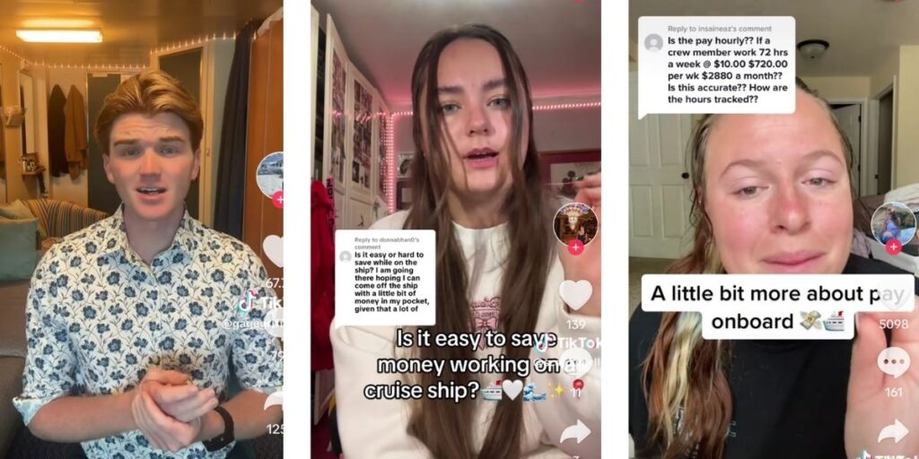 A collage of three TikTok screenshots featuring cruise ship crew members discussing pay and working conditions. The first shows a young man speaking from his cabin, the second shows a woman answering a question about saving money on board, and the third shows another woman explaining how crew pay is tracked and calculated.