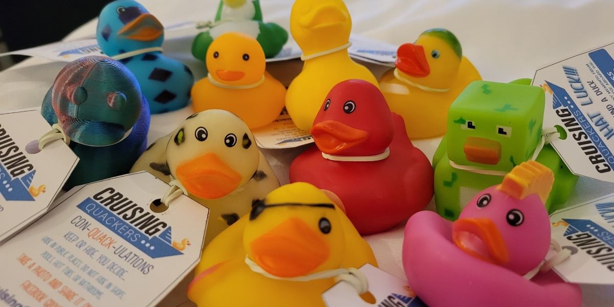 A selection of different coloured ducks, from a cruise ship.