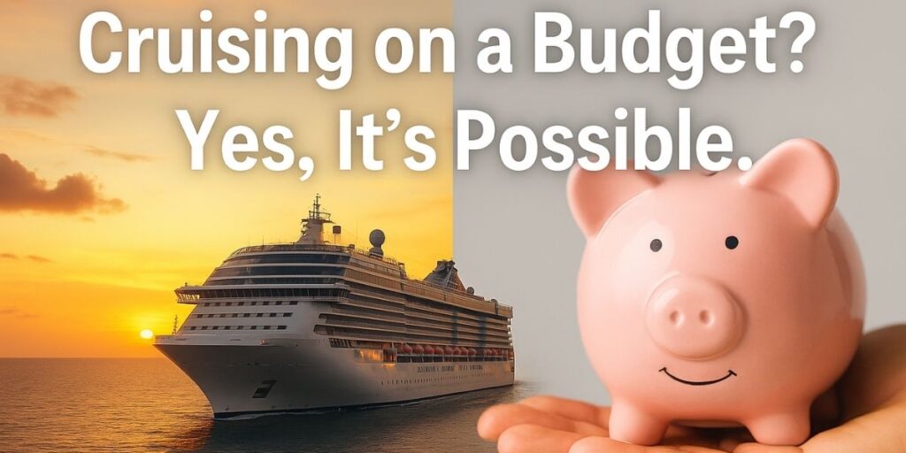 Split image showing a cruise ship sailing at sunset alongside a smiling pink piggy bank held in a hand, with bold text reading “Cruising on a Budget? Yes, It’s Possible.” The visual promotes smart travel choices and budget cruise tips for affordable vacations.