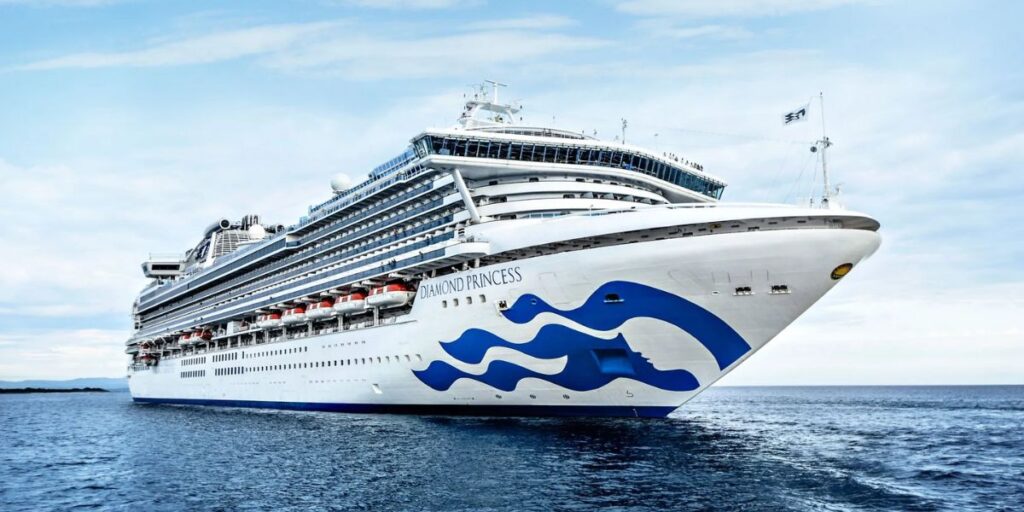 A photo of the Diamond Princess cruise ship sailing on the sea.