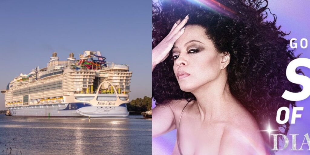 The image is split into two halves. On the left, the massive “Star of the Seas” cruise ship is docked on calm water with colorful water slides and multiple decks visible under a clear blue sky. On the right, singer Diana Ross poses with voluminous curly hair and one hand on her forehead against a purple background with partial white text.