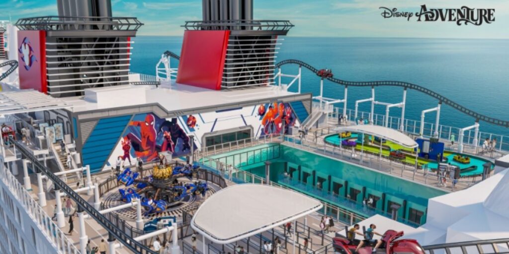 Rendering of Disney Adventure’s upper deck showing themed family attractions, including a roller coaster track, pool areas, interactive play zones, and colourful superhero murals overlooking the ocean.