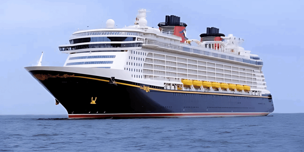 A large Disney cruise ship, the Disney Dream, sails on calm blue waters under a clear sky. The ship features a black hull with gold decorative accents, yellow lifeboats, and iconic red and black funnels with Mickey Mouse logos.